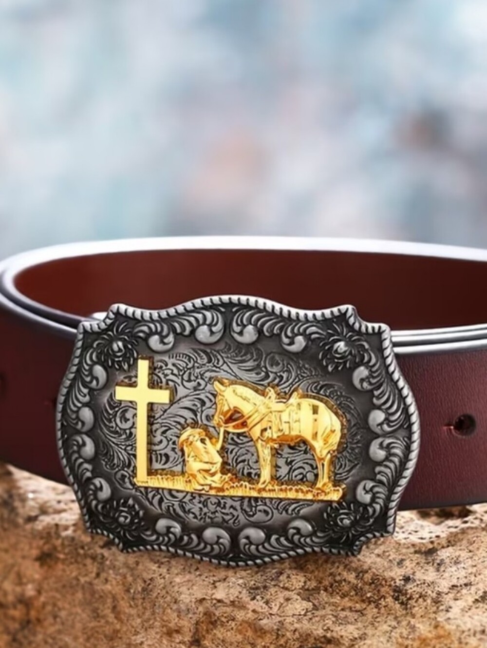 Faith Horse and cowboy praying at cross Belt Buckle Small